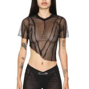 Sami Miro Vintage Sheer Black Mesh Asymmetric Crop Top